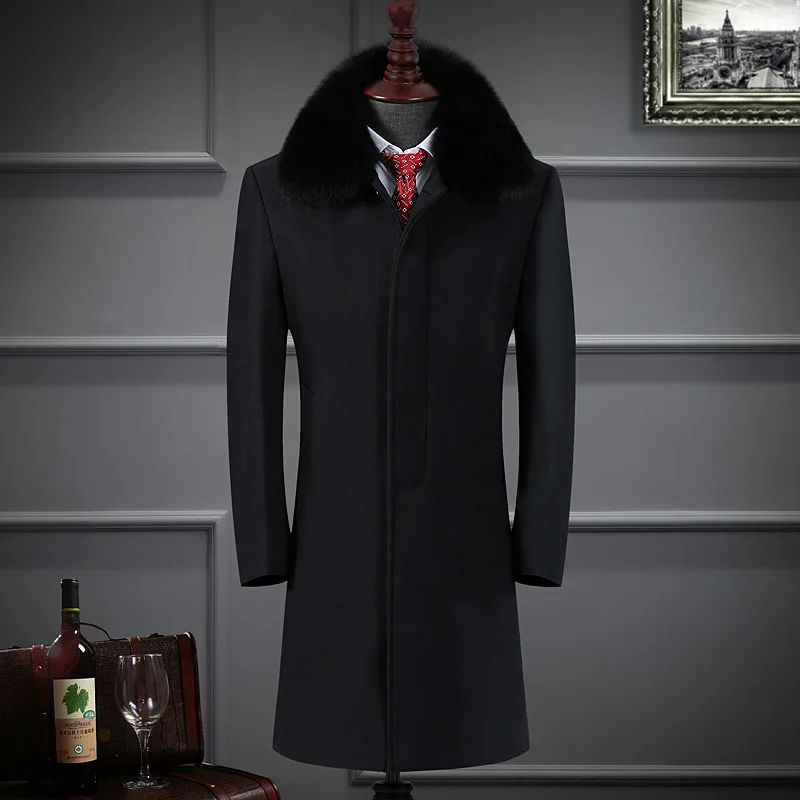 Новое поступление, Стильное мужское шерстяное пальто, ветровка, повседневная, с пуговицами, толстое Мужское пальто с меховым воротником, модное, теплое, размер L XL XXL XXXL