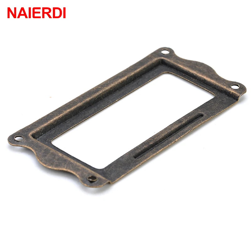 10pcs NAIERDI Antique Brass Handle 64*32mm Label Pull Frame Name Card Holder Cabinet Drawer Box Case Knob For Furniture Hardware