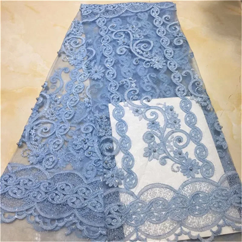 

Newest African Lace Fabric, beads sequins 3D Lace Fabric Onion Color High Quality Lace Nigeria Lace Fabric For Aso Ebi Sky blue