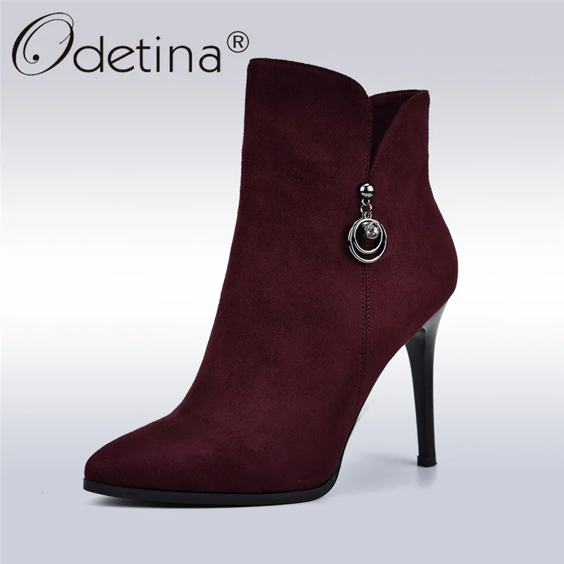 

Odetina Flock Leather Elegant Lady Ankle Boots Pointed Toe Side Zip Women Extreme High Heels Stiletto Women Boots Autumn Winter