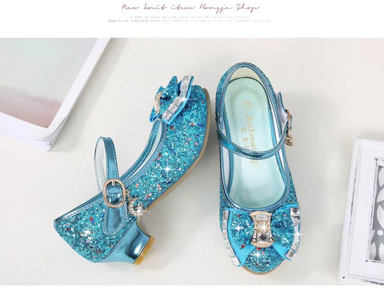 ULKNN Princess Kids Leather Shoes For Girls Flower Casual Glitter Children High Heel Girls Shoes Butterfly Knot Blue Pink Silver