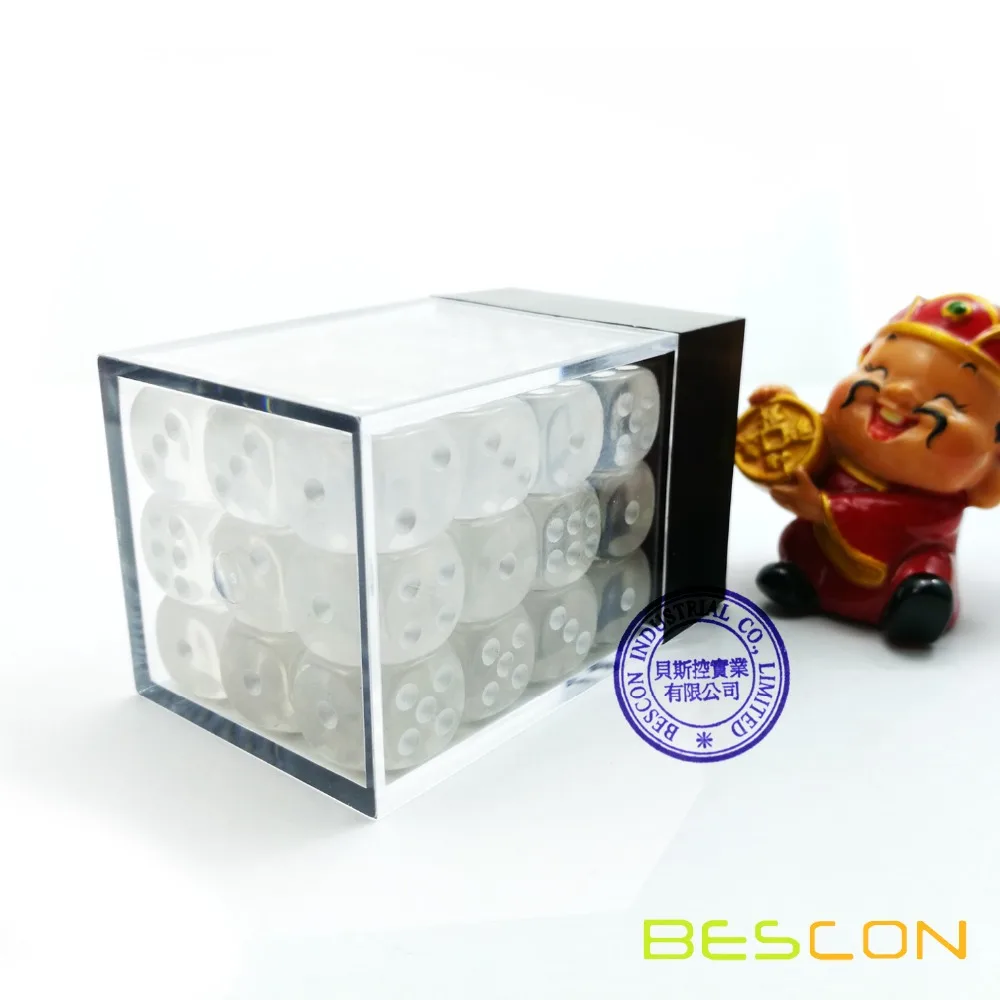 Bescon 12mm 6 Sided Dice 36 in Brick Box, 12mm Six Sided Die (36) Block of Dice, Translucent White with Pips 3