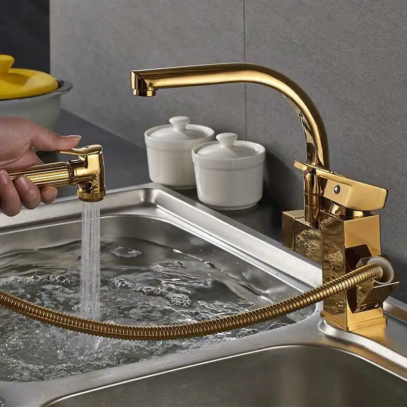 Bathroom Basin Faucet Kitchen Faucet Double Use Brass Golden Pull