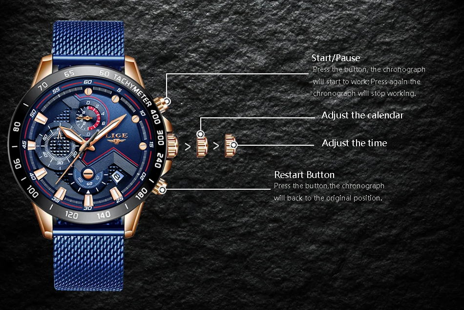 Новинка LIGE синий Повседневный сетчатый ремень модные кварцевые золотые часы мужские часы лучший бренд Роскошные водонепроницаемые часы Relogio Masculino