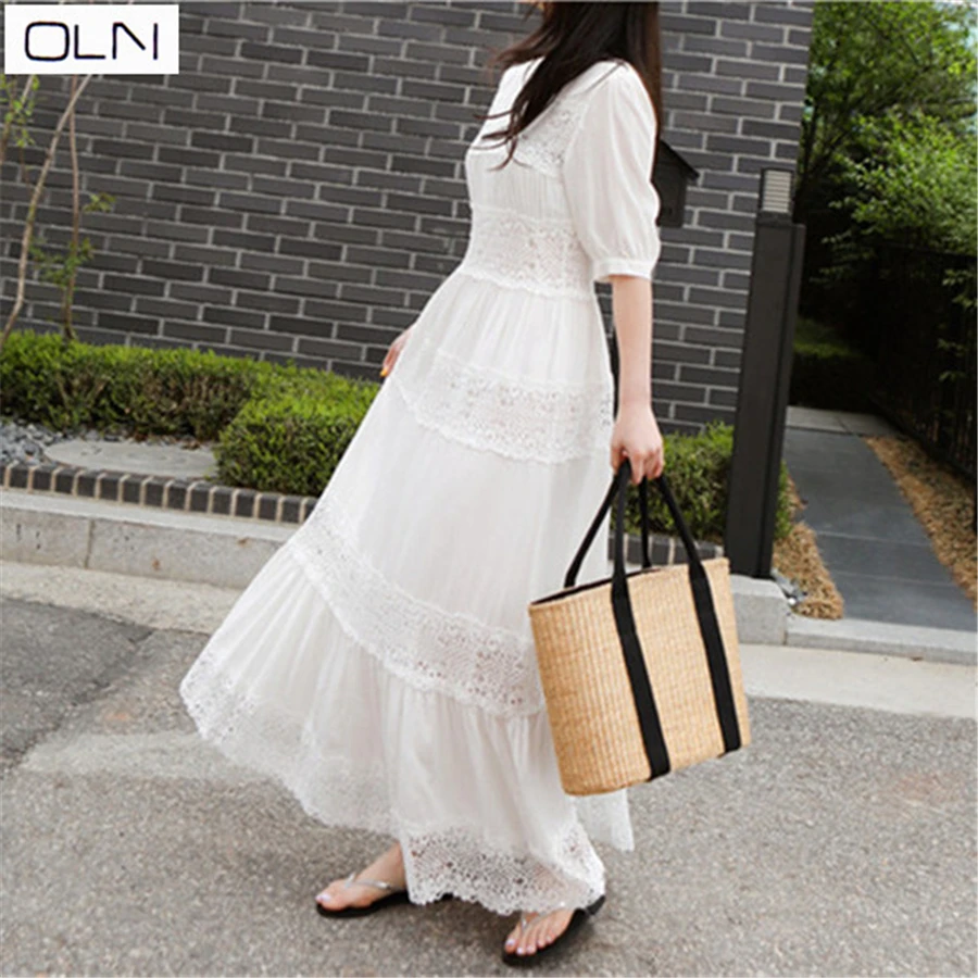 الدانتيل خياطة اللباس 2019 جديد جولة الرقبة الخصر التخسيس الأكمام فستان محكم من عند الصدر ويتدلى بشكل واسع الشاطئ اللباس للنساء