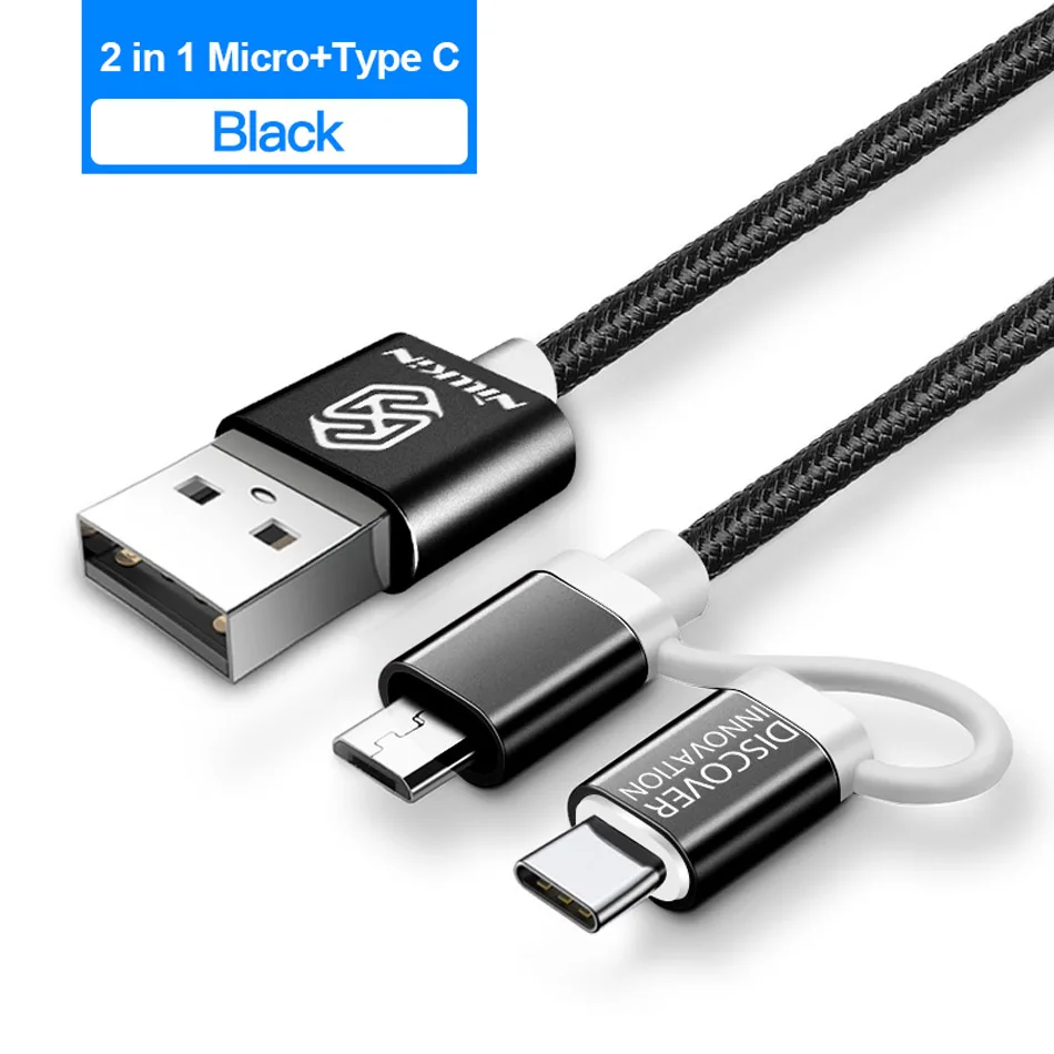 Кабель Micro USB type C быстрое зарядное устройство для samsung s10 s9 Note 9 Micro type C кабель для передачи данных для huawei P30 Pro Xiaomi 2 в 1 USB шнур - Цвет: Черный