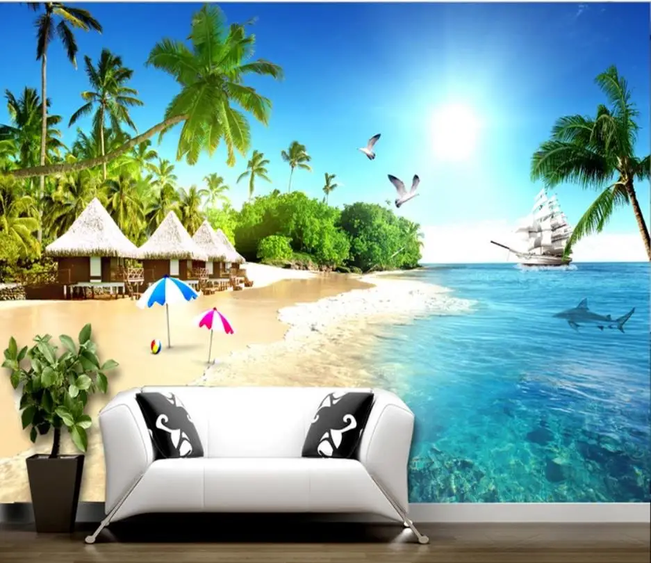 beautiful scenery wallpapers Seaside sea beach small grass house coconut tree sea view space expansion 3D background wall beautiful scenery wallpapers Seaside sea beach small grass house coconut tree sea view space expansion 3D background wall