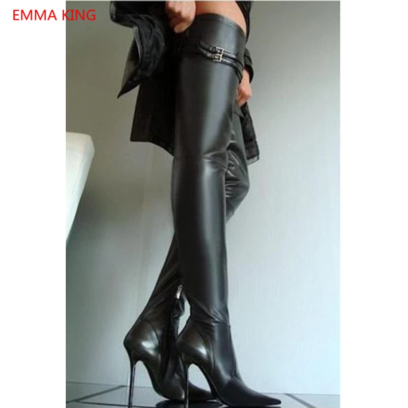 womens black leather thigh high boots