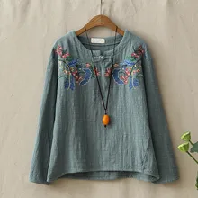Винтажные этнические хлопковые и льняные женские футболки с вышивкой, осенние свободные футболки с длинными рукавами и круглым вырезом с цветочным принтом