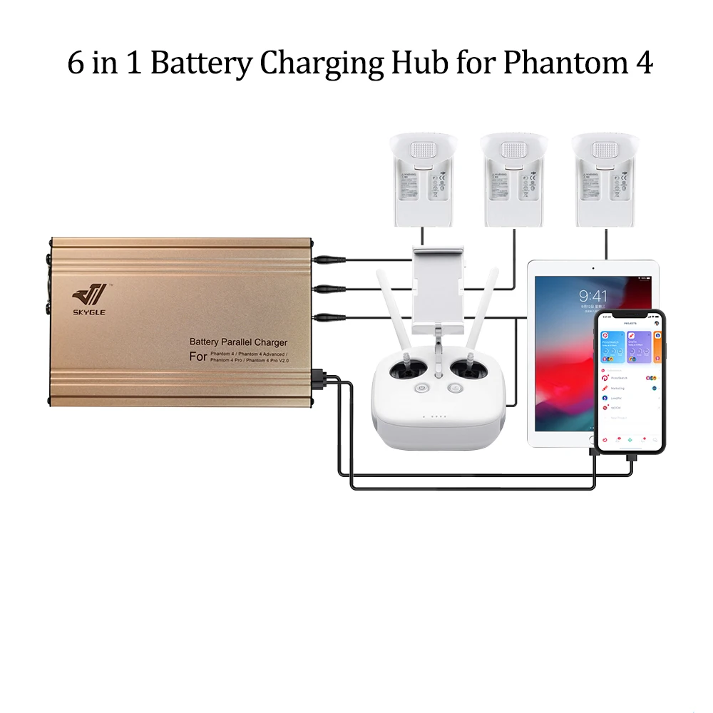 

6in 1 Battery Charging Hub for DJI Phantom 4/ Pro/ Advanced/ Pro V2.0 Battery Remote Controller 17.5V 5.7A Charger EU Plug