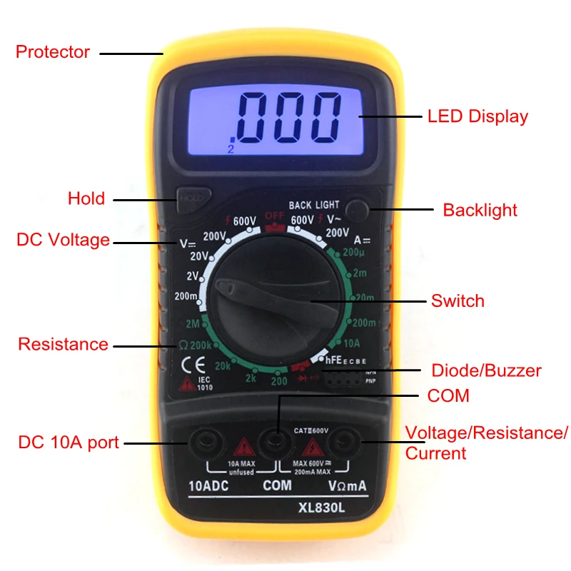 XL830L Цифровой мультиметр портативный мультиметр AC/DC Измеритель Напряжения DC Амперметр тестер сопротивления Синяя подсветка