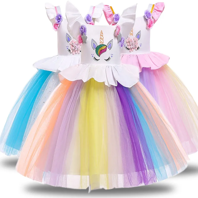 

2019 Color Pony Girl Dress Handmade Stitching Rainbow Mesh Princess Dress Holiday Party Dress Petal Girl Pettiskirt Girl Vestido