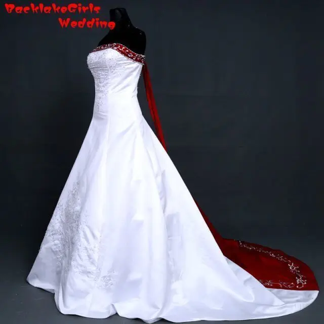 

BacklakeGirl Good Quality Satin Bridal Gown Strapless Court Train Red and White Color Lace Up Back Embroidey Wedding Dress