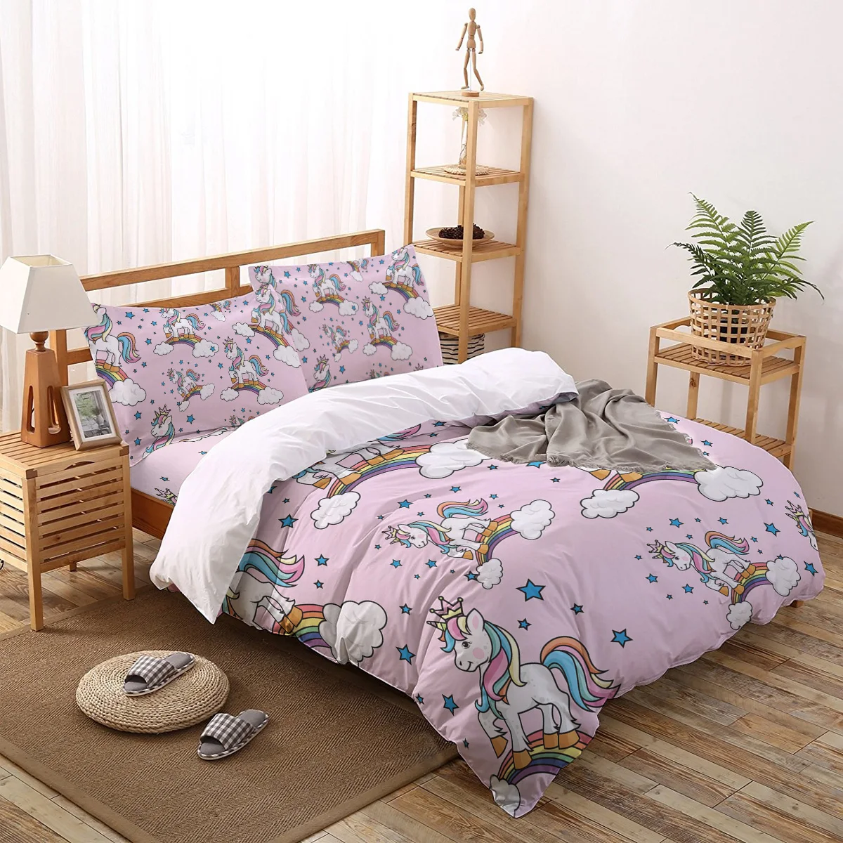 قوس قزح مع يونيكورن النجوم 4 قطعة طقم سرير الحديثة حاف مجموعة غطاء ديكور غرفة نوم