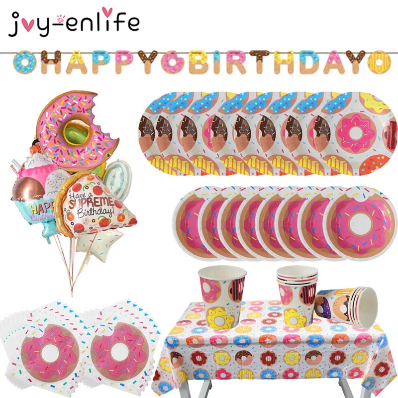 Doughnut Banner Paper Cup Napkin Plates Happy Birthday Anniversary Baby Shower Candy Bar Party Decoration Donut Party