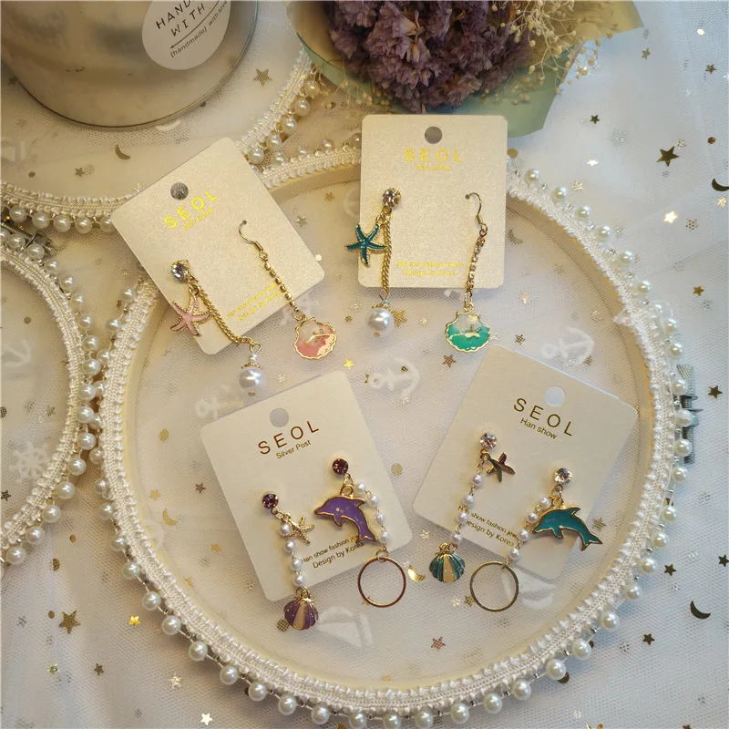 

Korea Handmade Starfish Shell Dolphin Imitation Pearl Women Drop Earrings Dangle Earring Fashion Jewelry Accessories-JQD5