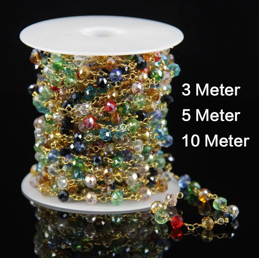 

4x6mm 5Meter/Lot Faceted Rainbow Glass Beads Chain Necklace ,Rondelle Shape Wire Wrapped Rosary Chain DIY Jewelry Finding YA090