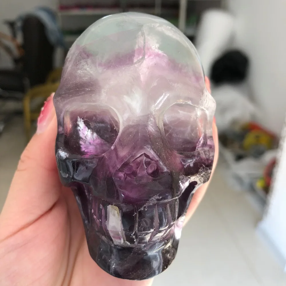 

Pure Natural Colorful Fluorite Crystal Carved Skull Handmade Quartz Skull Home Decoration Collection