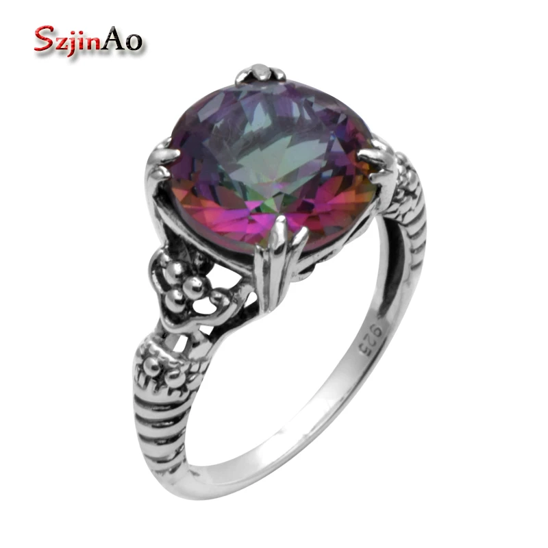 

Szjinao fashion jewelry 925 sterling silver rings for women flowers antique jewelry mystic rainbow topaz wedding rings