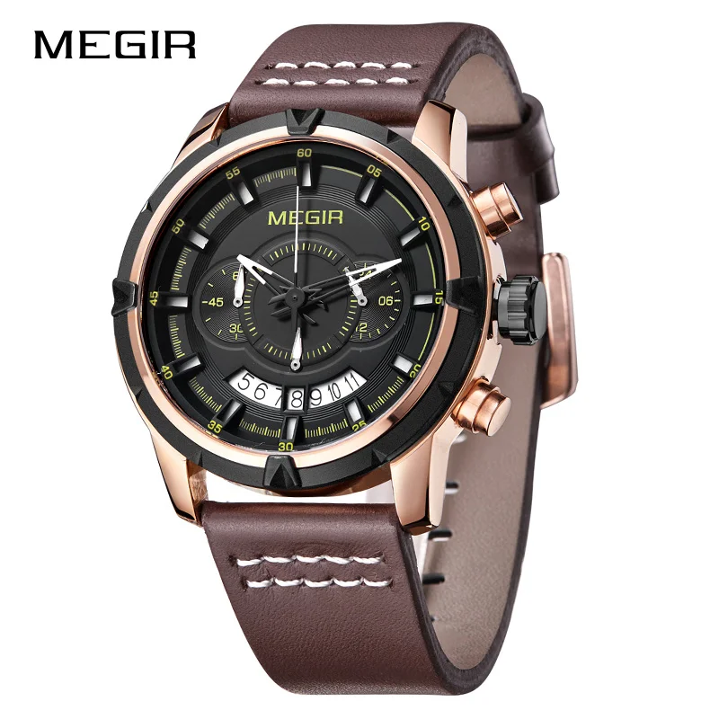 MEGIR Для мужчин творчески Кварцевые наручные часы кожаный ремешок Водонепроницаемый Для мужчин армии спортивные часы мужской Relogio Masculino - Цвет: BlackBrown