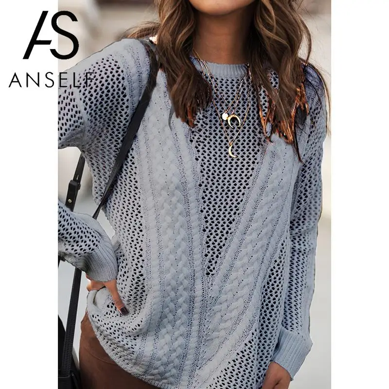 

Anself Fashion Women Knitted Sweater Hollow Out Long Sleeve Thin Sexy Sweater Solid Loose Jumper Pullover Knitwear White/Grey