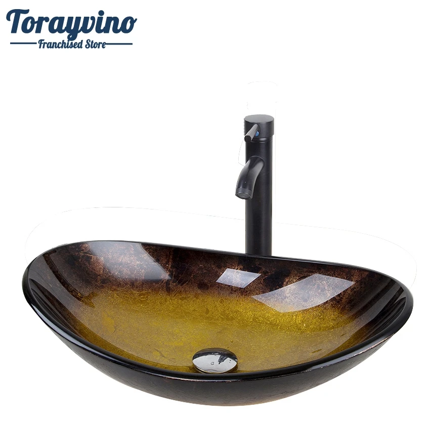 Torayvino Bathroom Round Tempered Glass Oval Wash Basin ORB Brushed Faucet Sink Combo Set + Chrome Pop Up Sink Drain Faucet Set