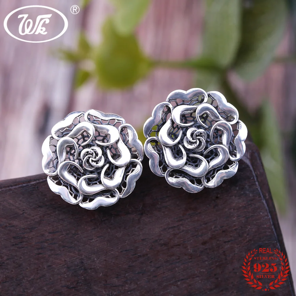 

WK Solid Real 925 Sterling Silver Antique Ancient Gothic Big Bloom Flower Stud Earrings Womens Floral Earing New Design 4W EA096