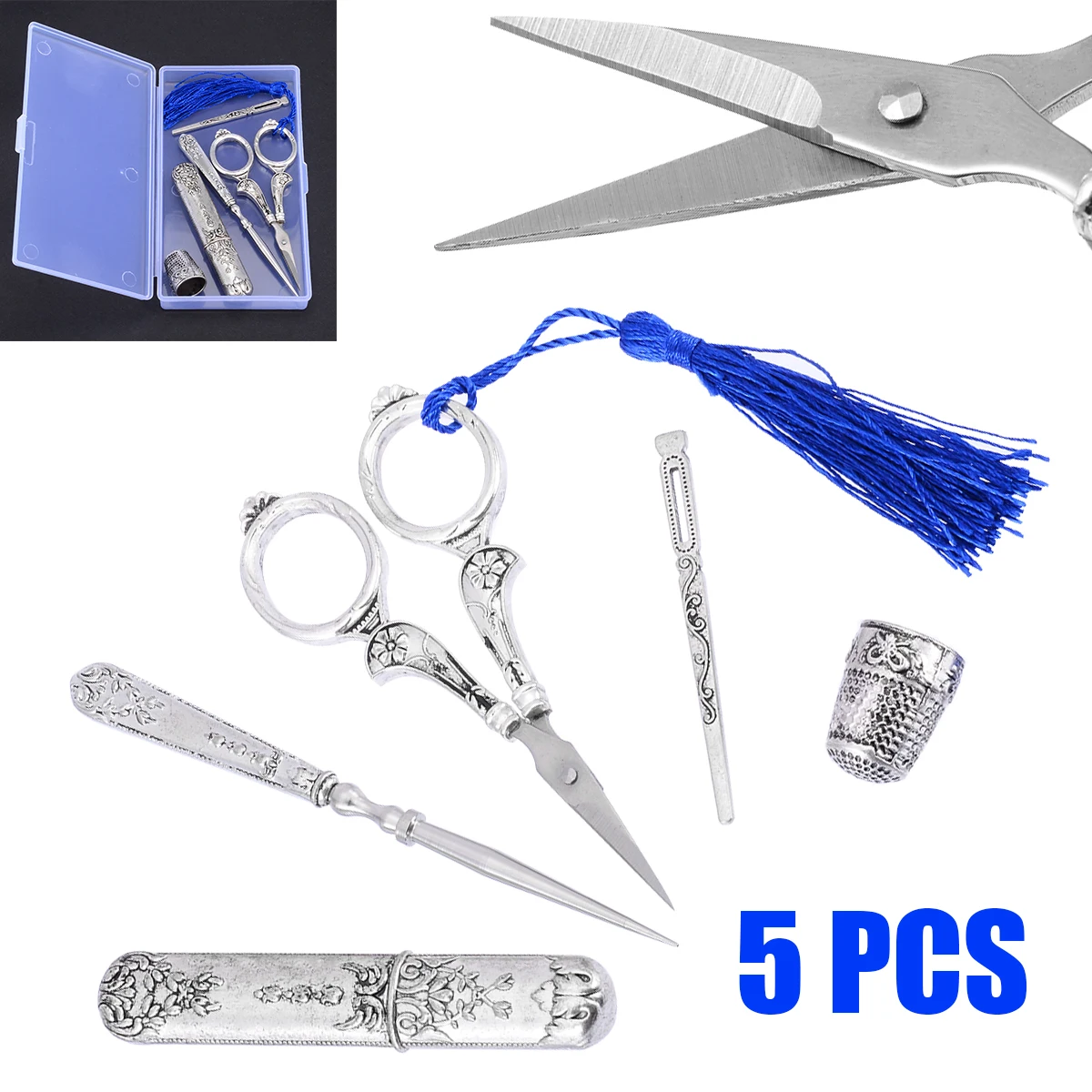 1Set 5pcs European Vintage DIY Sewing Tools Kit Scissors Metal Thimble Needle Case Retro Antique Sewing Tailor