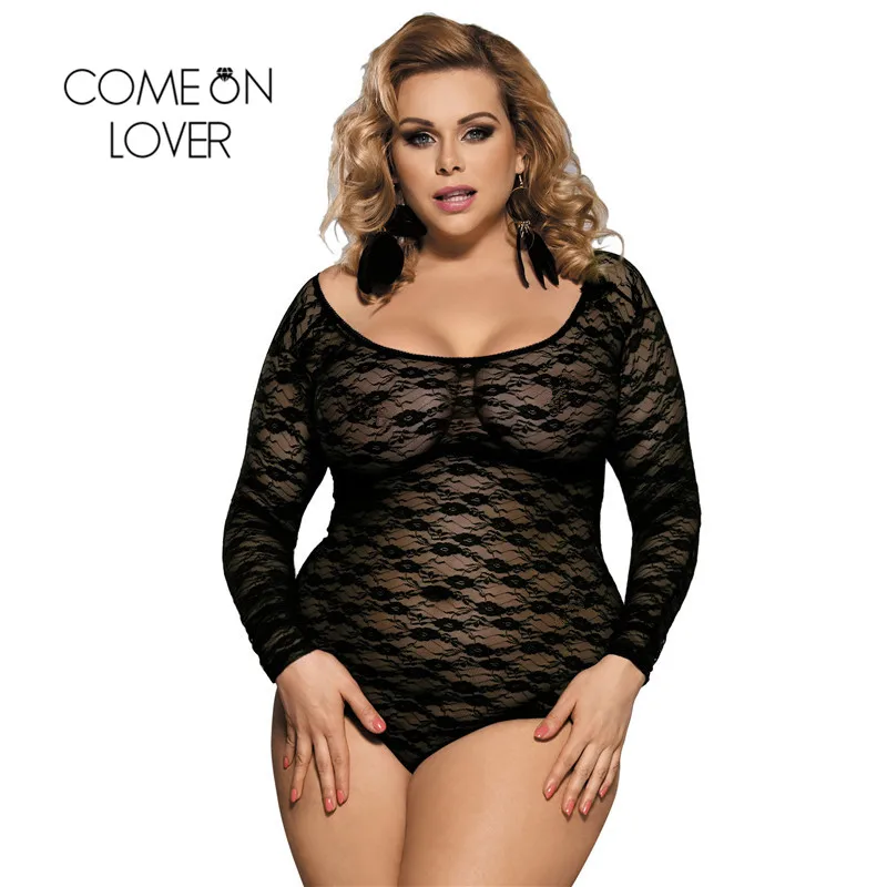 

Comeonlover Lace Bodysuit Long Sleeve Plus Size Mesh Bodysuits For Women Rompers Black O Neck Floral Transparent Tops RI80382