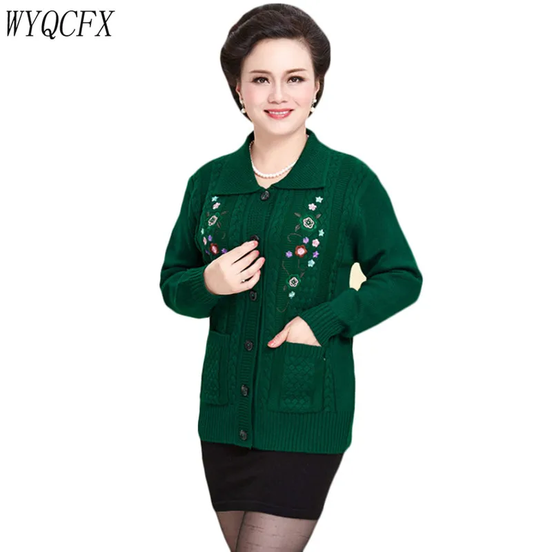 

2019 Knitted Cardigan Sweater Women Autumn Winter Middle-Age Mother Embroidery Knitwear Top Coat Grandma Long Sleeve Knit Jumper