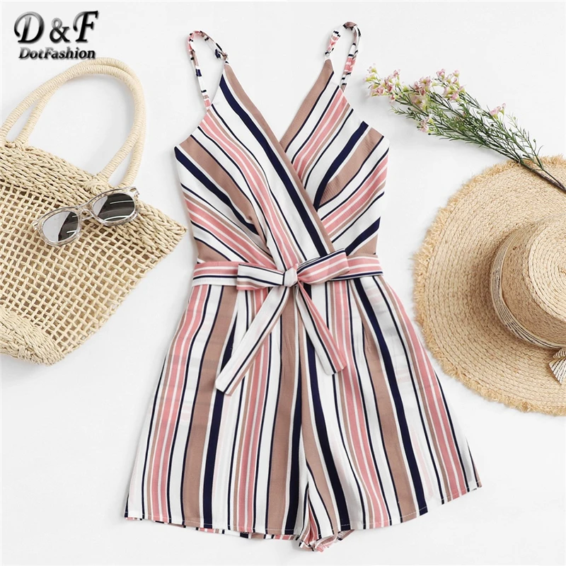 

Dotfashion Belted Surplice Neckline Striped Cami Rompers Womens 2019 New Summer Vacation Sleeveless Wide Leg One Piece Playsuit