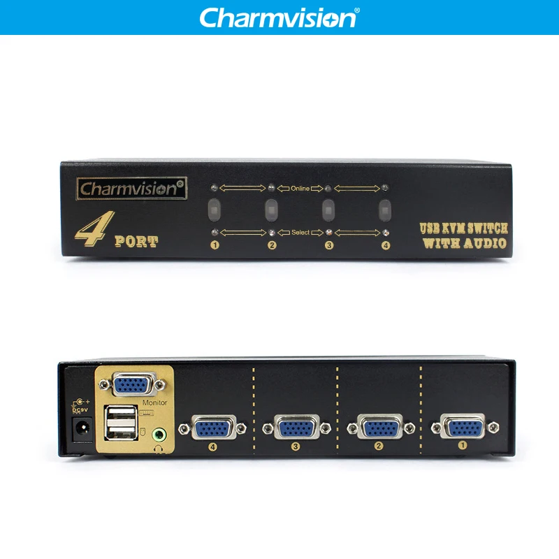 Charmvision VK401A 4 в 1 рабочего автоматически 4 сообщения KVM аудио коммутатор клавиш с HDDB VGA 2 USB клавиатура Мышь коммутаторы