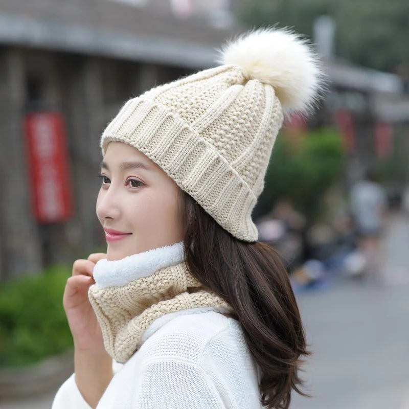 Winter Women's Scarf Hat Set Caps Knitted Wool Warm Scarf Thick
