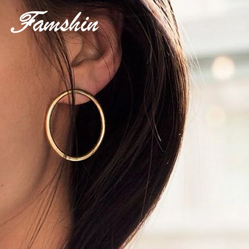 

FAMSHIN New Simple Korean Fashion Aros Big Round Circle Hoop Earrings for Women Geometric Ear Hoops Earing Brincos Jewelry Gifts