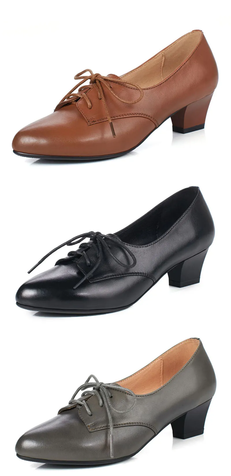 Женские кожаные туфли серого цвета; цвет коричневый, серый; китайские туфли на шнуровке с острым носком; коллекция года; винтажные Туфли-оксфорды из натуральной кожи в стиле ретро на среднем каблуке; Размеры 4-34