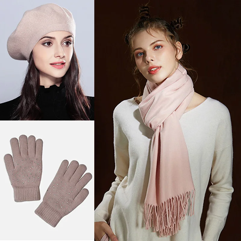 3 Pieces Hot Sale Scarf And Hats For Female And Gloves For Winter Woman Fashion Accessory