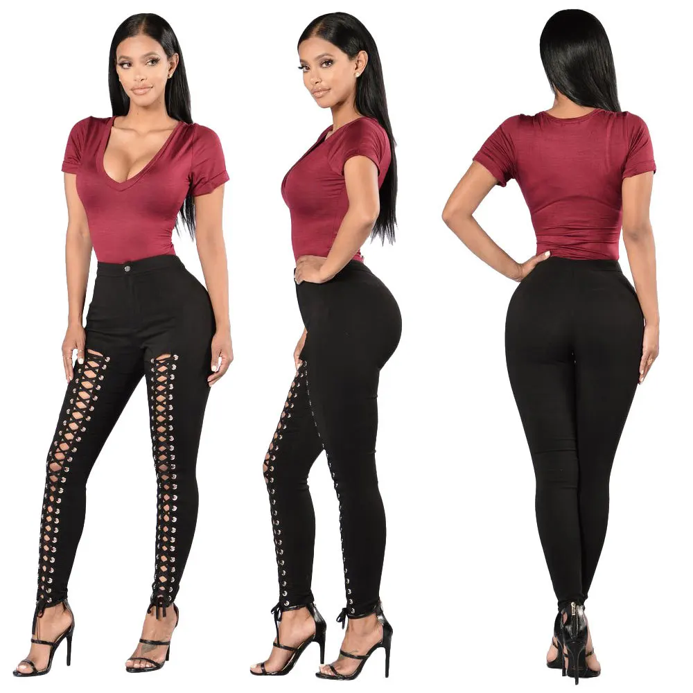 

2019 New Sexy Elastic Hot Sale Sexy Streetwear High Waist Jeans Female Bandage Holes Destroyed Pencil Pants Plus Size