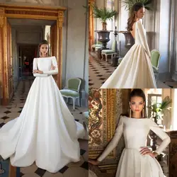 Простой Винтаж Свадебные платья 2019 Атлас одежда с длинным рукавом спинки Bateau элегантные vestido de noiva gelinlik арабский mariee