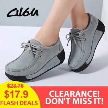 O16U Women Flats Platform Shoes Suede Leather Lace up women Moccasins Creepers slipony Female Casual Summer Shoes Ladies Winter