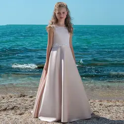 Кепки рукава 2018 для девочек в цветочек платья для свадеб A-Line атласные кружева бисером Детские Длинные платье для первого причастия для