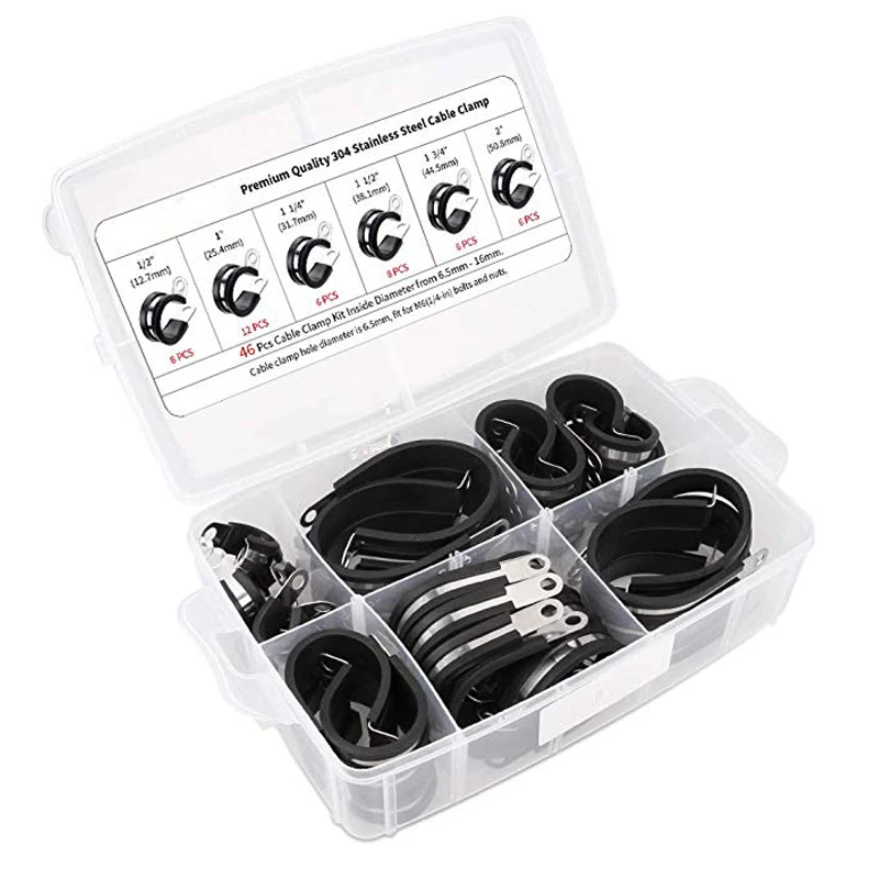 

Cable Clamp Assortment Kit 46 Pieces 304 Stainless Steel Rubber Cushion Insulated Pipe Clamps Assorted in 6 Size 1/2'' 1'' 1.25'