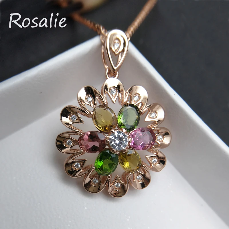 

Rosalie,new flower shape colorful natural tourmaline pendant with chain 925 sterling silver gemstone jewelry for women with box