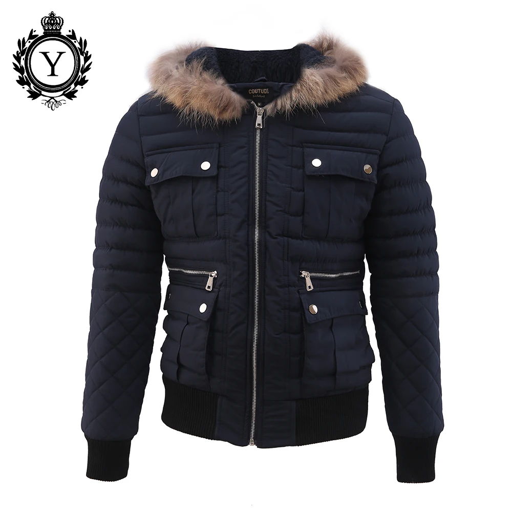 COUTUDI 2016 Winter Men Clothing Outwear Casual Jackets Hot Dark Blue Fur Hooded Zipper Winter Down