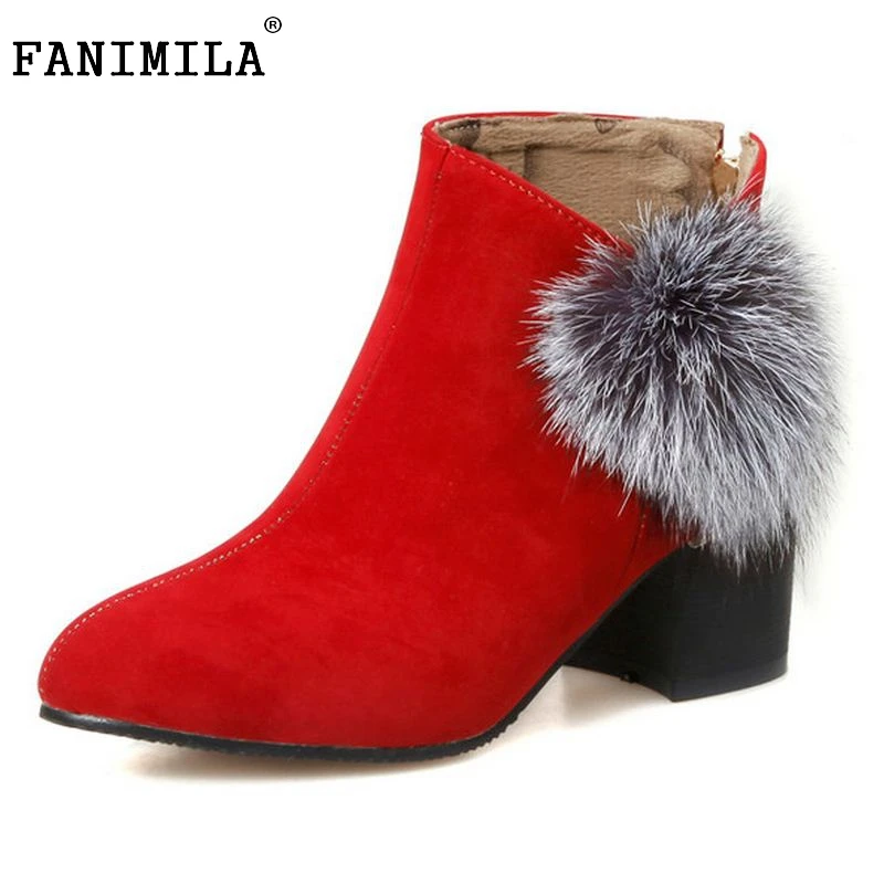 

Women Square Heels Boots Fashion Flock High-Heeled Ankle Boots Fur Snow Wedding Boots High Heels Shoes Women Size 33-43