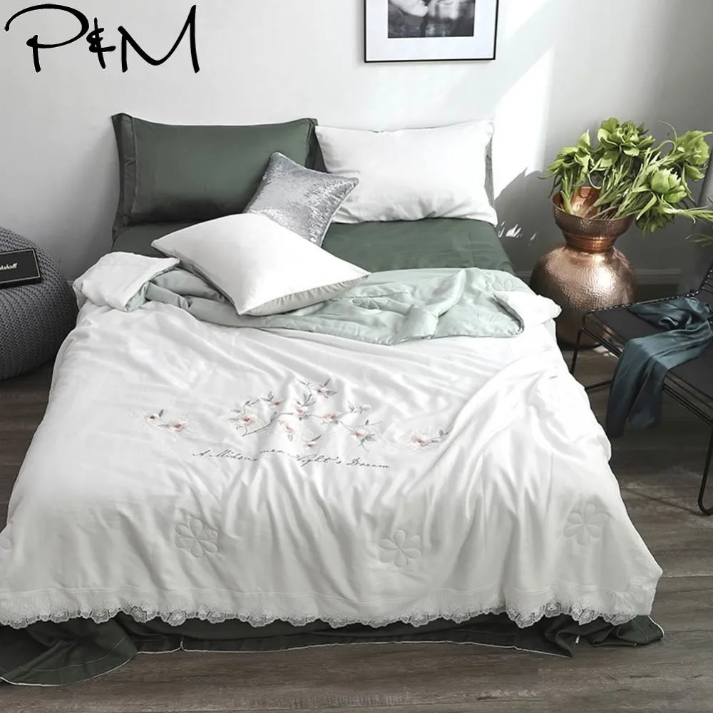 

2019 White Flowers Brief Lace Air-condition Thin Summer Quilt Embroidery Comforter Artificial Silk Fabric Polyester Queen Size