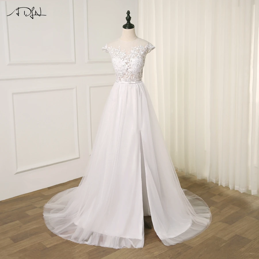 

ADLN Cheap O-neck Lace Tulle Wedding Dress with Slit Sexy Cap Sleeve See-through Body A-line Bridal Wedding Dresses Robe Mariee
