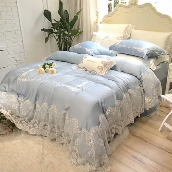 

Tencel silk white lace luxury royal princess Bedding Set king queen size blue bed set summer Bedsheets Duvet quilt cover set 40