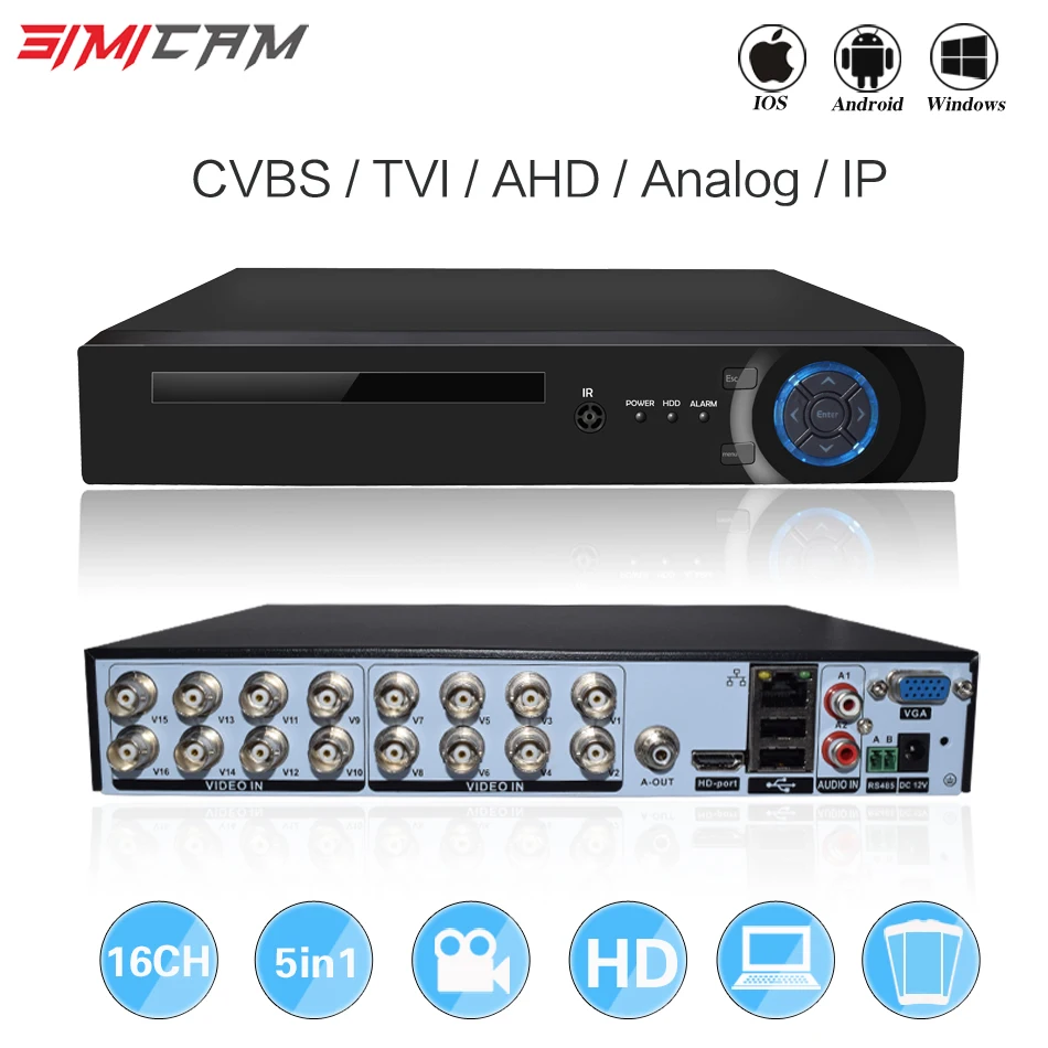 16CH 5in1 XVI AHD DVR Поддержка CVBS TVI AHD аналоговые ip-камеры HD P2P облако H.264 VGA HDMI видеомагнитофон RS485 аудио