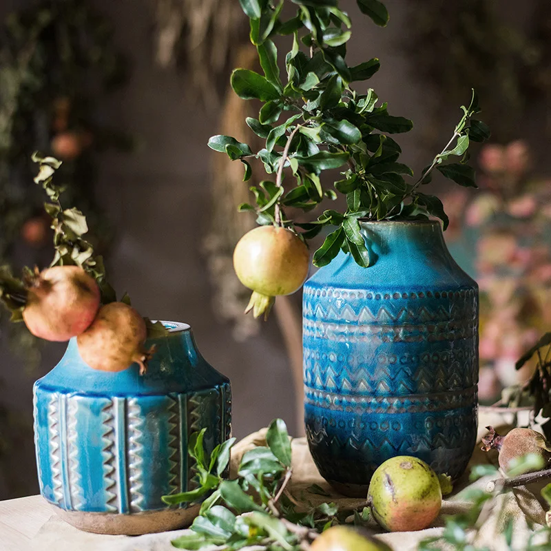 

Nordic style Creative blue Ceramic vase Geometric pattern Retro manual Flower vase Home Decoration Jar ethnic style