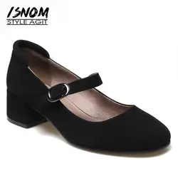 ISNOM/туфли-лодочки mary jane, замшевые туфли для детей, женская обувь с круглым носком, женская обувь с пряжкой и ремешком, обувь на толстом